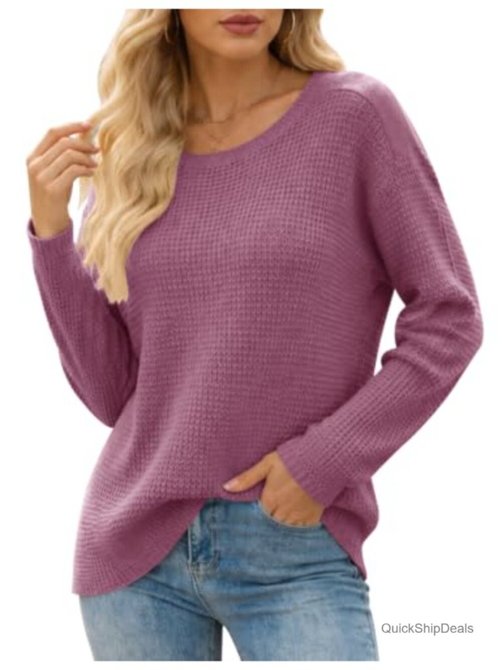 Waffle Knit Long Sleeve Crew Neck Pullover Sweater Loose Fit
